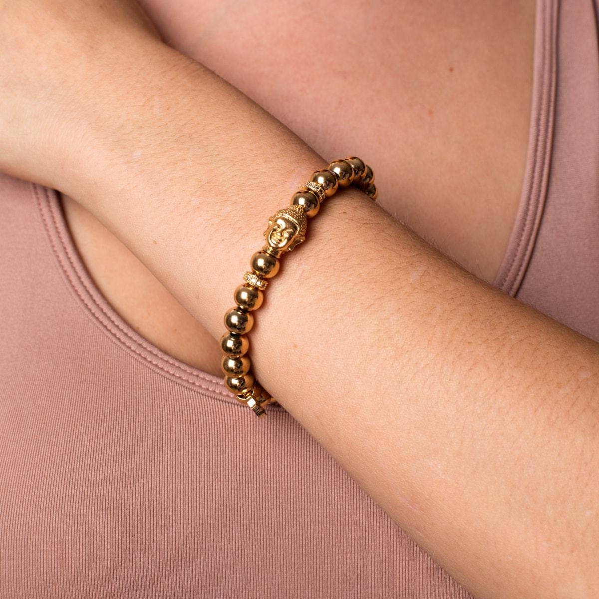 Peach Quarthz , golden Lave Stone, Coral, Enamel= Buddha charm bracelet 6 mm
